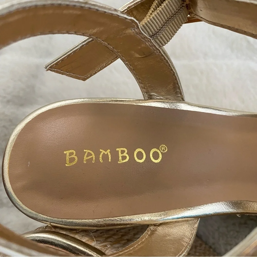 BAMBOO Gold Flower Platform Wedge Boho Sandals with Ankle Strap Size 10